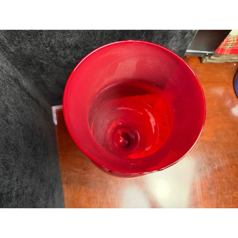 Vintage Ruby Red Glass Hurricane‎ Vase Footed Pedestal Centerpiece Flared Rim